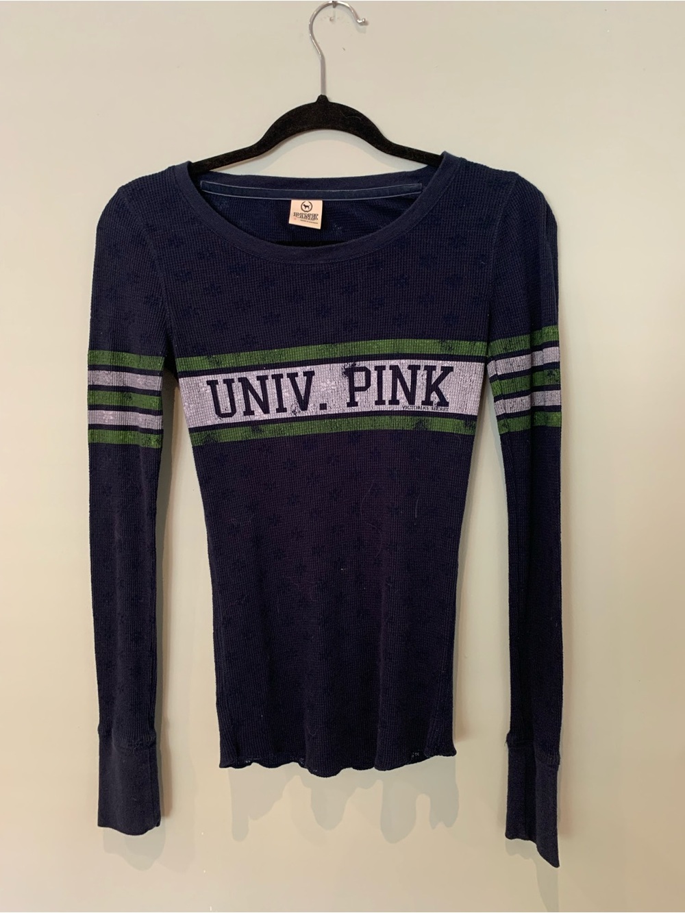 PINK Victoria's Secret Navy Long-Sleeve Waffle Knit Tee with Stripes